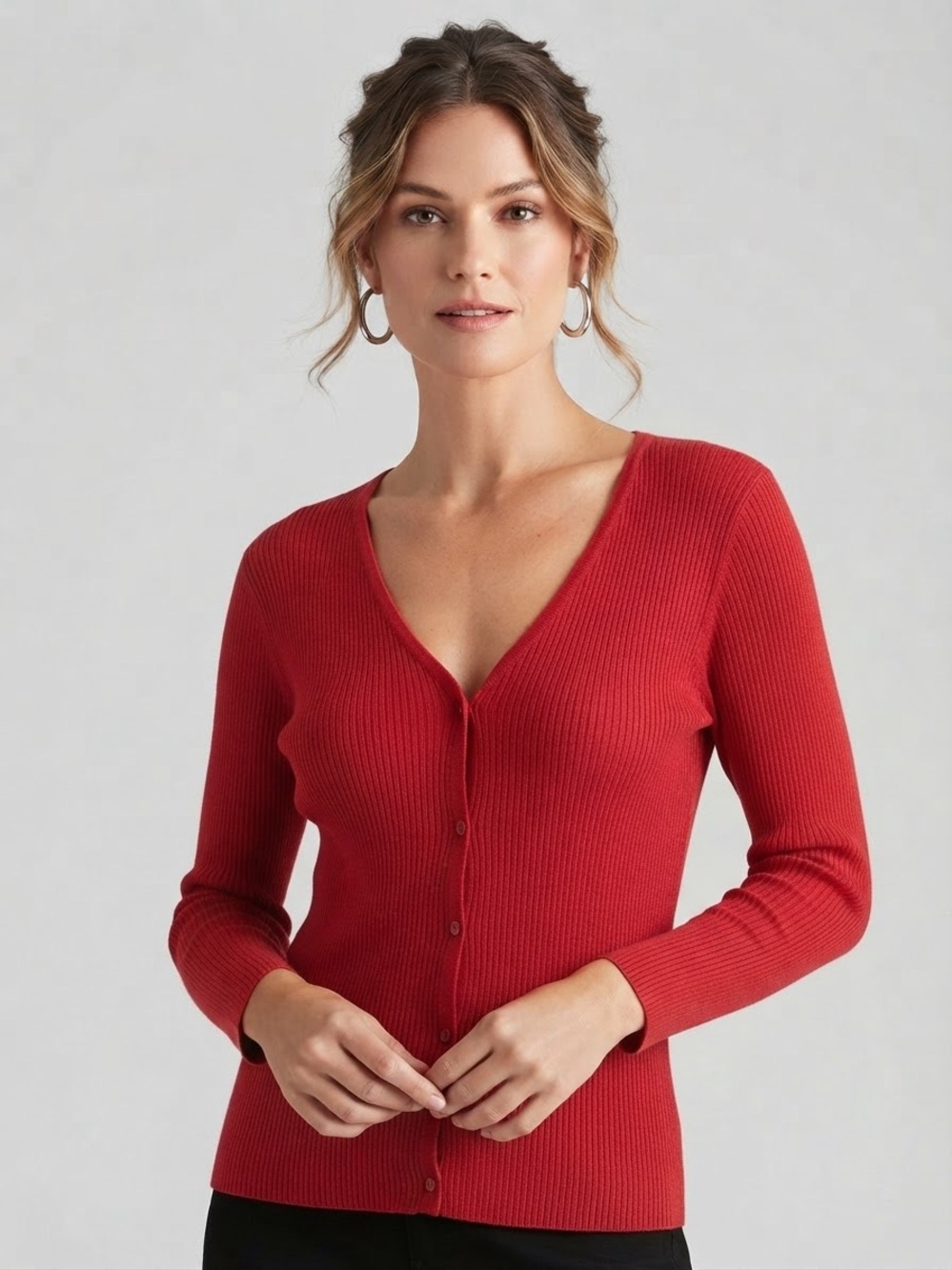 Kathie Lee Red Ribbed Cardigan Button Down Sweater NWT Large